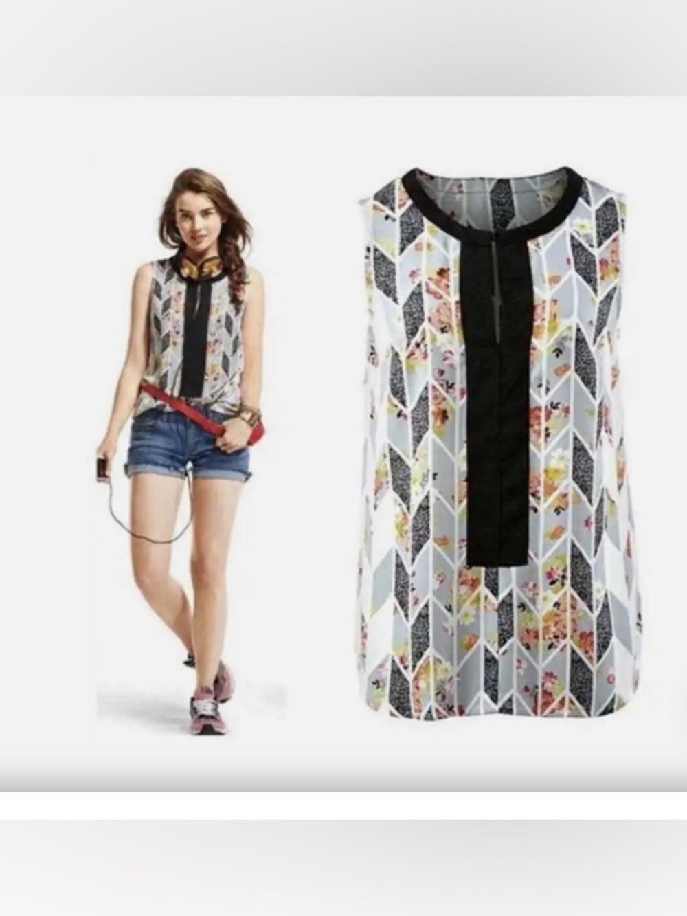 Cabi Graphic Print Sleeveless Blouse XS Mixed Media Floral Geometric Tank Top